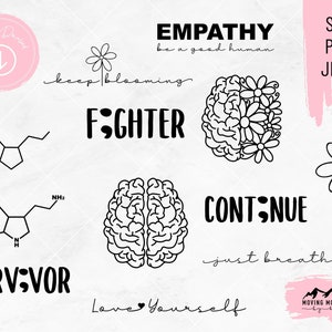 May include: Black and white digital art prints with inspirational quotes and images. The quotes include "Empathy be a good human", "Keep blooming", "Fighter", "Continue just breathe", "Survivor", and "Love Yourself". The images include a brain with flowers, a brain, a chemical structure, and a daisy.