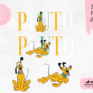 Puede incluir: Un diseño digital que presenta la palabra "Pluto" con una imagen de dibujos animados de Pluto el perro en varias poses. El diseño está disponible en formatos SVG, PNG y JPEG.
