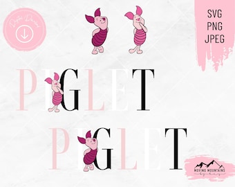 May include: Piglet from Winnie the Pooh, in pink and red, is shown twice in the image. The first Piglet is standing with his right hand on his chin, and the second Piglet is standing with his left hand on his chin. The word "Piglet" is written in black letters twice, once above the Piglets and once below them.