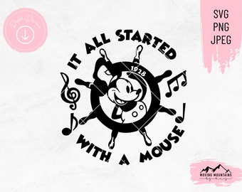Tutto è iniziato con un mouse - Steamboat Willie Design Bundle - svg, png, jpeg - per macchine Cricut/taglio DIGITAL DOWNLOAD
