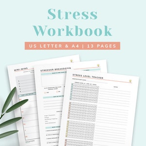 May include: A printable stress workbook with 13 pages, featuring a stress level tracker, mini-wins, and a stressor breakdown section. The pages are designed with a light blue and pink color scheme.