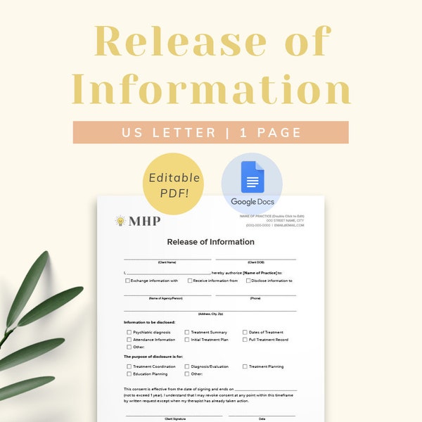 Release of Information Consent Form Template for Private Practice Therapists and Counselors