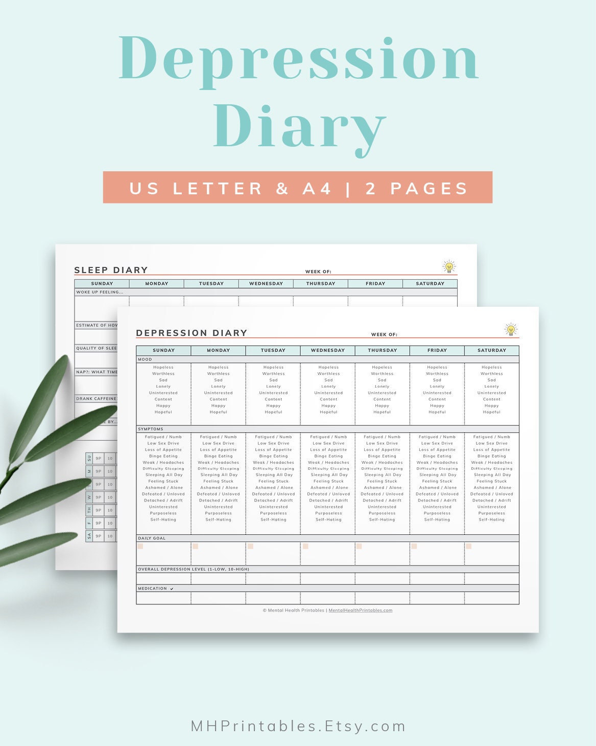 Depression Diary Journal, Weekly Tracker for Symptoms and Depressive