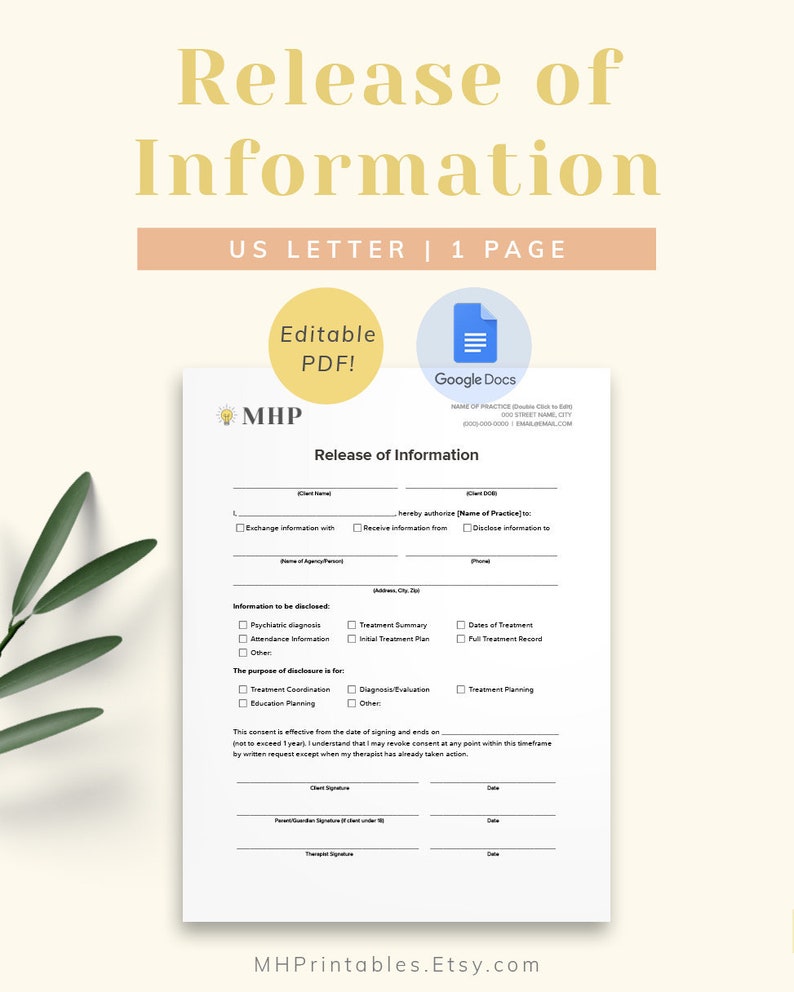 Release of Information Consent Form Template for Private Practice ...