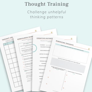 May include: A printable workbook with the title "Thought Training: Challenge unhelpful thinking patterns". The workbook includes worksheets for thought log, mindfulness guide, cognitive distortions, and ruminating thoughts.