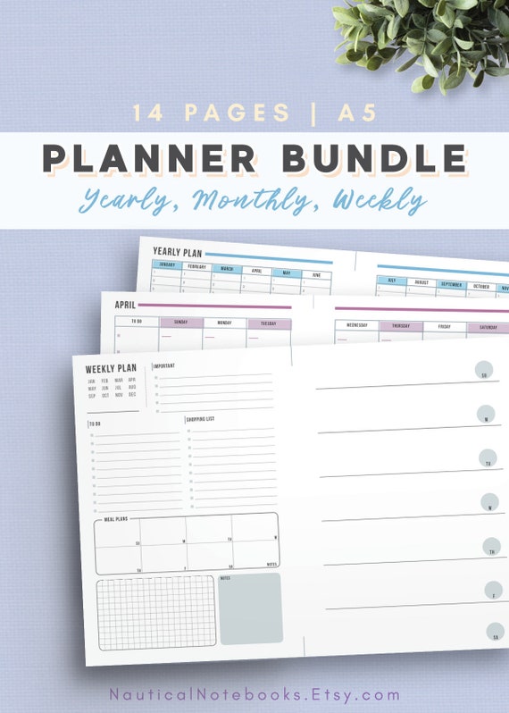 A5 WO2P Week on 2 pages PLanner Insert Refill Daily Weekly Plan Monthly Yearly