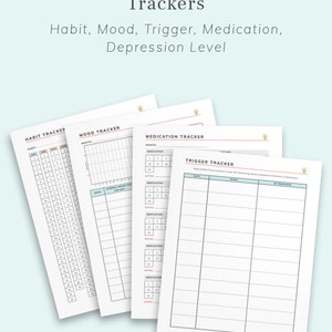 May include: A printable depression workbook with trackers for habit, mood, trigger, medication, and depression level. The workbook includes 39 pages and is available in US Letter and A4 sizes.