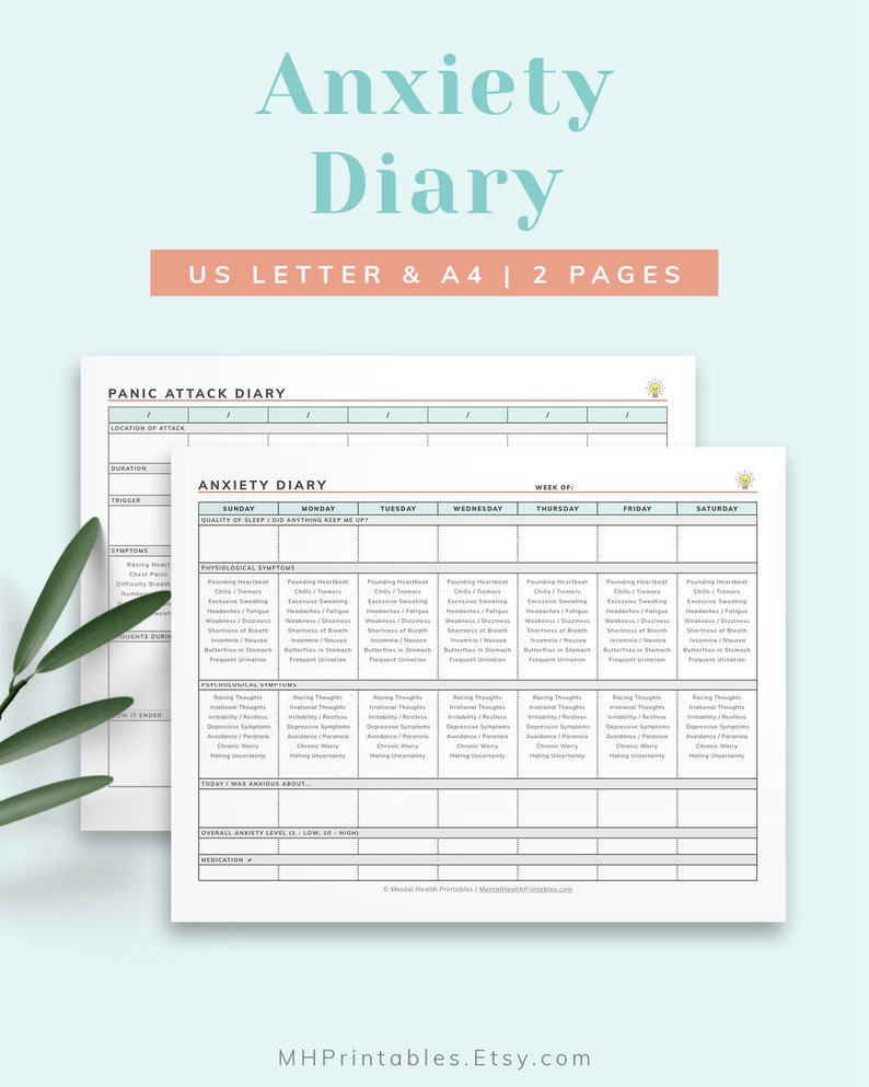 Anxiety Diary Tracker for Symptoms and Anxious Thoughts, Mental Health