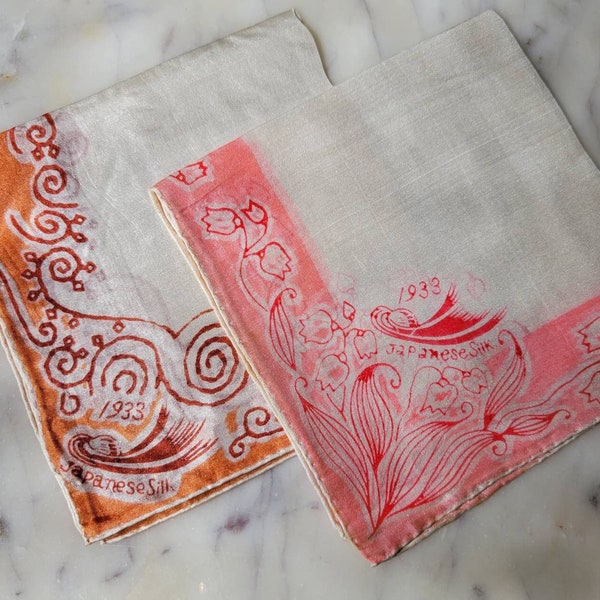 Pair of Vintage 1933 Japanese Silk Handkerchiefs - World's Fair Souvenirs - White - Orange - Pink - Pocket Square - Hankie - Japan