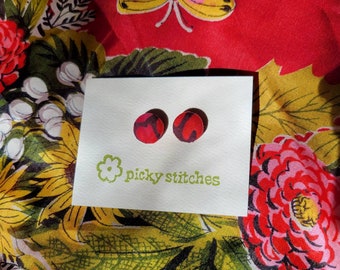 Bold Red Abstract Fabric Cover Button Earrings - Small Handmade Stud Earrings - Artsy - Retro - Gift for Her - Cute Aesthetic - Butterfly