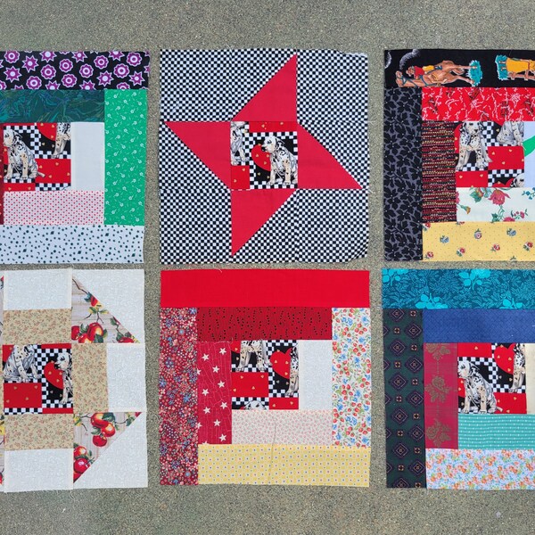 Lot of 6 Vintage Quilt Blocks - Dalmation - Dogs - Churn Dash - Log Cabin - Friendship Star - Red - Black - White - Animal - Cotton