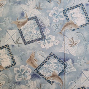 Vintage Swordfish Cotton Fabric Remnant - Fish - Ocean - Beach - Hawaii - Sun Action Textiles - Light Blue - Quilt - Florida - OOP Scrap