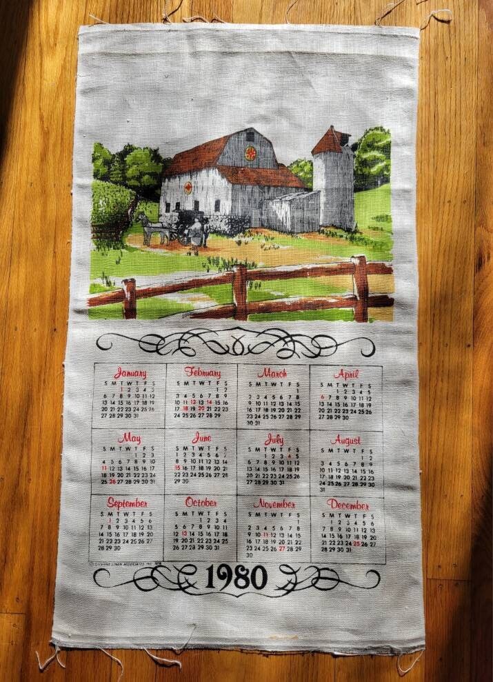 Vintage 1980 Calendar Tea Towel Linen Hand Towel Wall Hanging
