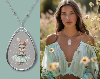 Necklace Silver Pendant Women Romantic Pastel Bunny OVAL Pendant Necklace in Silver as Beautiful Gift Idea