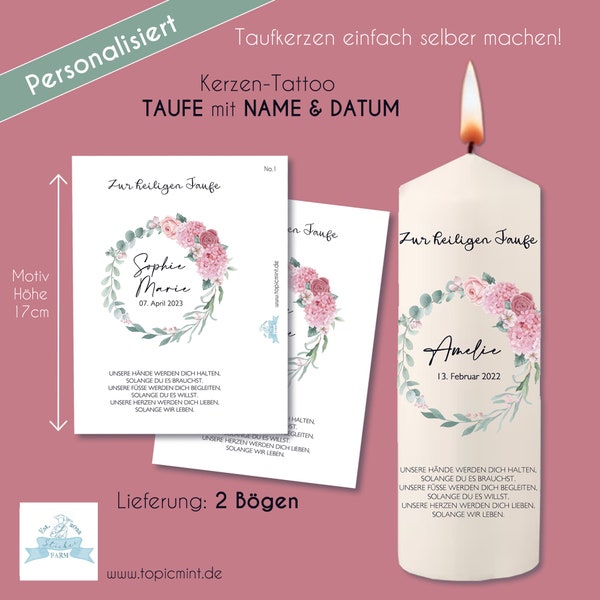 Kerzen Tattoos "TAUFE WUNSCHNAME" Rosen/Hortensie 2xA5 auf A4 Wasserschiebefolie Kerzen selber bekleben Stickerfarm