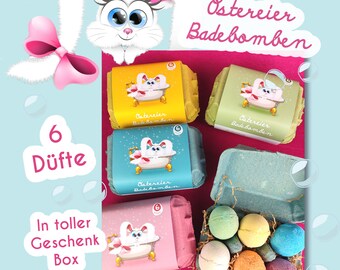 Bombes de bain aux œufs de Pâques BUBBLY Vegan - Boîte mignonne de 6 parfums avec herbe de Pâques 4 couleurs