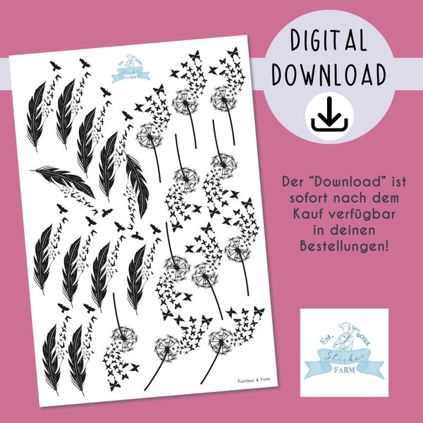 Digital candles tattoos "PUSTEBLUME & FEATHER" words - candles themselves stick STICKERFARM Flying Birds + Butterflies - Instant Download