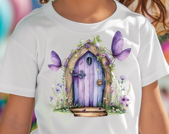 Enchanting Girl's T-shirt with Elf Door and Purple Butterflies - Bring Magic to Life! Heavy Kids Tee