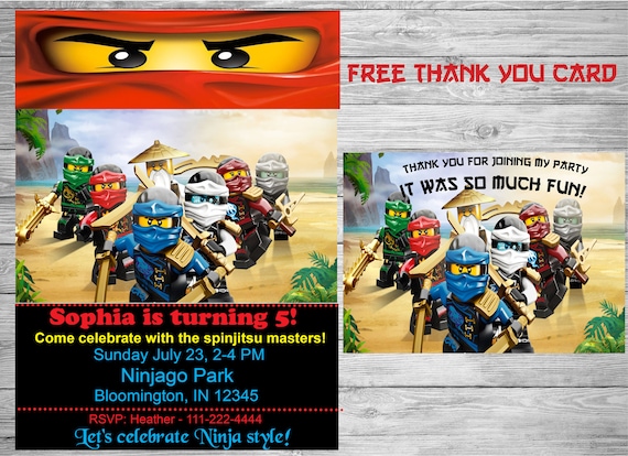 Ninjago Urodziny Zaproszenie Darmowe Podziękowania Karty Etsy