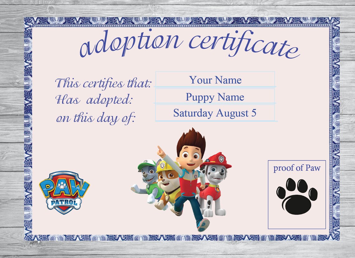 INSTANT DL Personalized Paw Patrol Certificate Paw Patrol Etsy