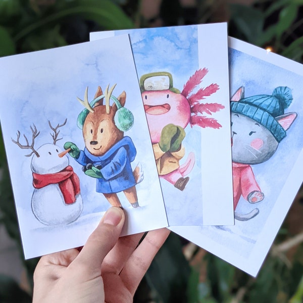 Wintery Greeting Cards SIngle or Bundle – Cat, Axolotl or Deer