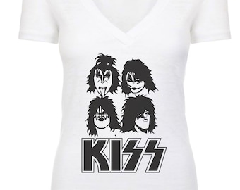 Camiseta con cuello en V estampada con textura de rayas de Kiss rock band, suave y fina