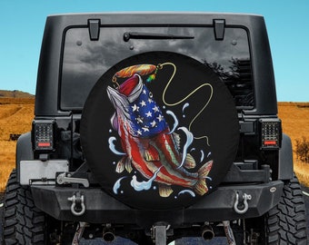 Bass Fishing Fish American Flag Dad Father Fourth Of July Spare Tire Cover Thickening Leather Universal Fit for Jeep, Trailer, RV, SUV