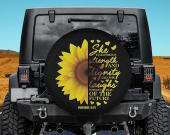 Christian Bible Verse Sunflower Scripture Religious Gift Her Spare Tire Cover Thickening Leather Universal Fit for Jeep, Trailer, RV, SUV