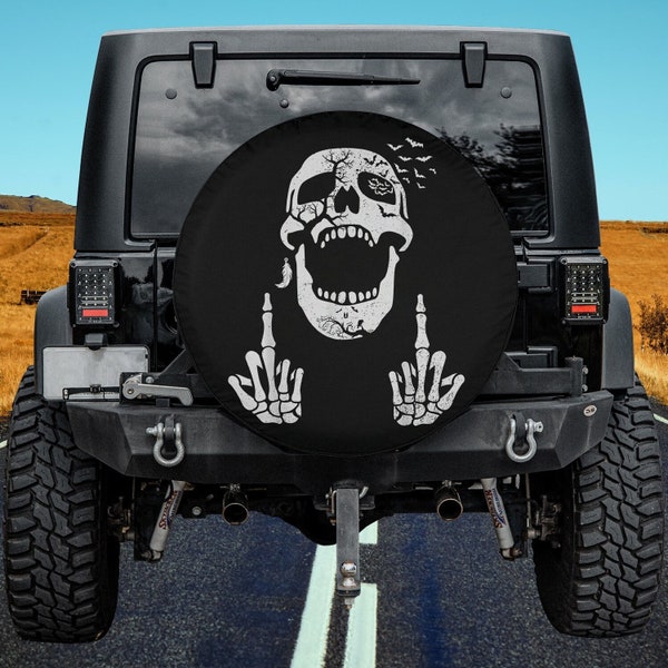 Halloween Skeleton Bones Middle Finger Skull Spare Tire Cover Thickening Leather Universal Fit for Jeep, Trailer, RV, SUV, Truck