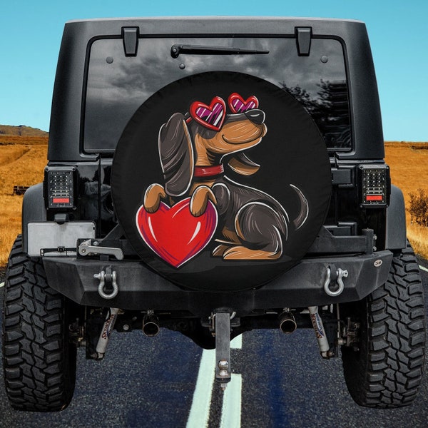 Dachshund Valentine Dog Valentines Day Spare Tire Cover Thickening Leather Universal Fit for Jeep, Trailer, RV, SUV, Truck