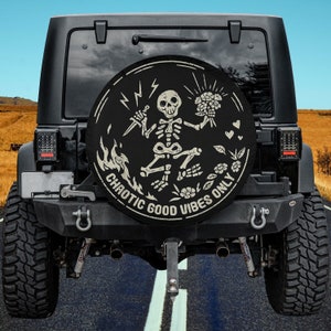 Chaotic Good Vibes Only Skeleton Skull Positive Vibes Spare Tire Cover Thickening Leather Universal Fit for Jeep, Trailer, RV, SUV, Truck