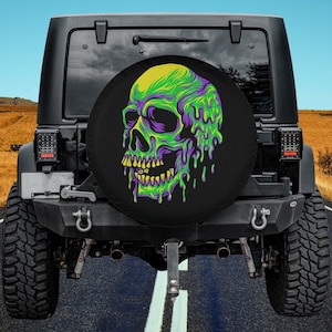 Drippin Purple Green Skull Mardi Gras Carnival Skeleton Spare Tire Cover Thickening Leather Universal Fit for Jeep, Trailer, RV, SUV, Truck