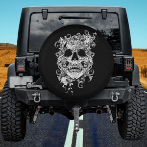 Skull Art Spare Tire Cover Thickening Leather Universal Fit for Jeep, Trailer, RV, SUV, Truck, Tough Tire Wheel Soft Cover, Halloween Gift