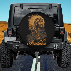 Old Chief Never Die Indian Native Pride Motorcycle Spare Tire Cover Thickening Leather Universal Fit for Jeep, Trailer, RV, SUV, Truck