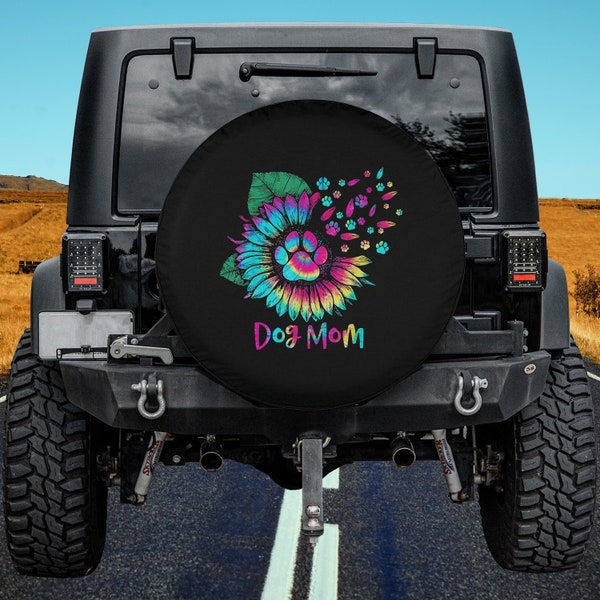 Sunflower Dog Mom Tie Dye Dog Lover Mother's Day Spare Tire Cover Thickening Leather Universal Fit for Jeep, Trailer, RV, SUV, Truck