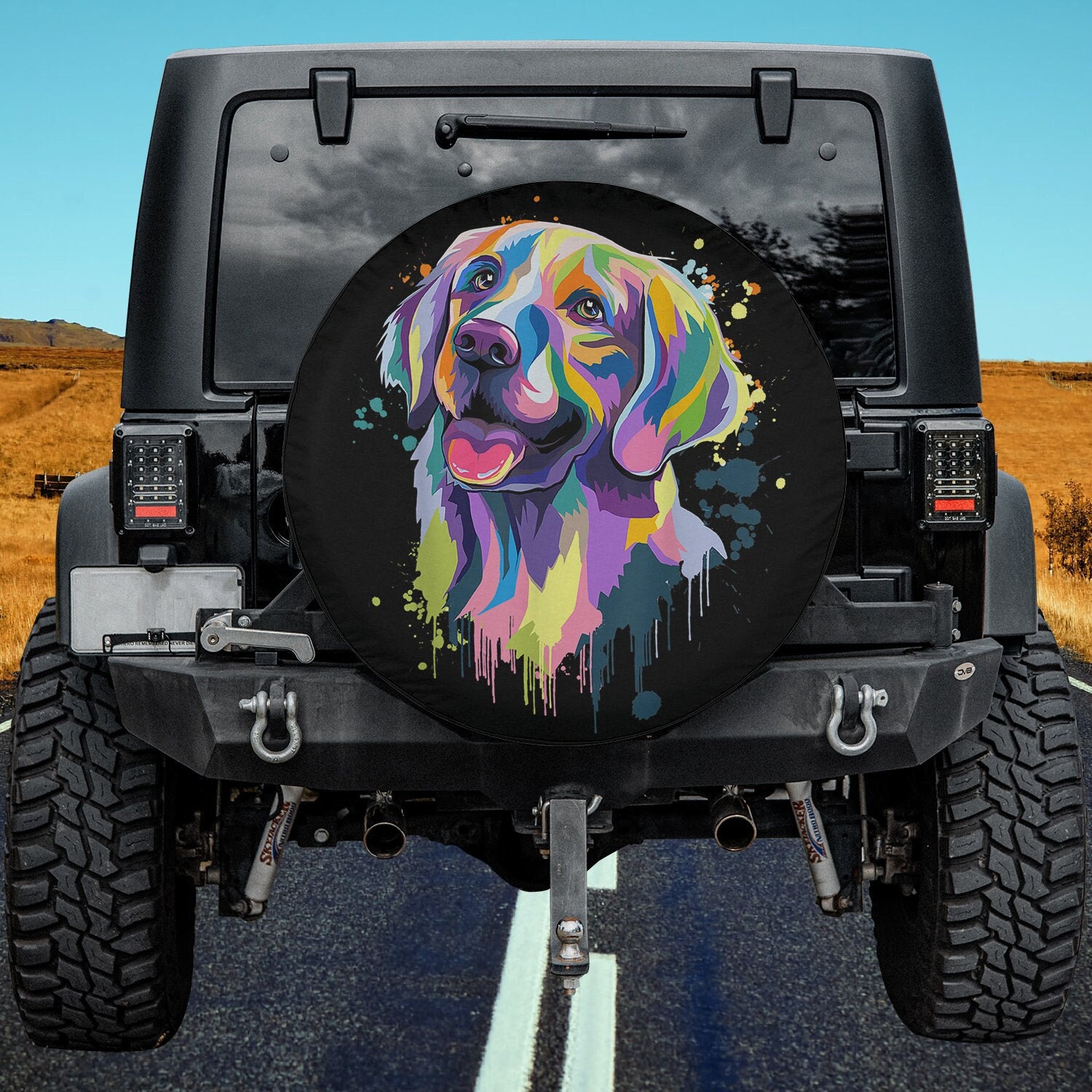 Discover Golden Retriever Dog Face Watercolor Colorful Pop Splash Art Spare Tire Cover