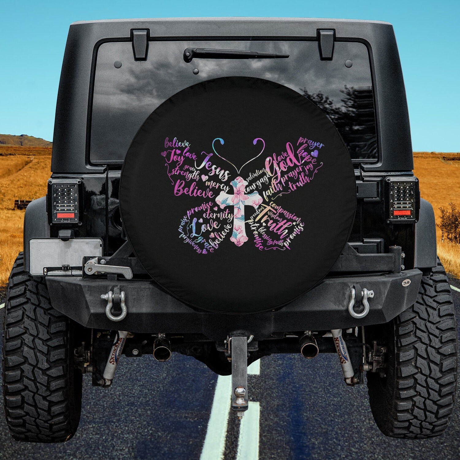 Discover Womens Butterfly Prayer Jesus Christian Cross Floral Pattern Spare Tire Cover