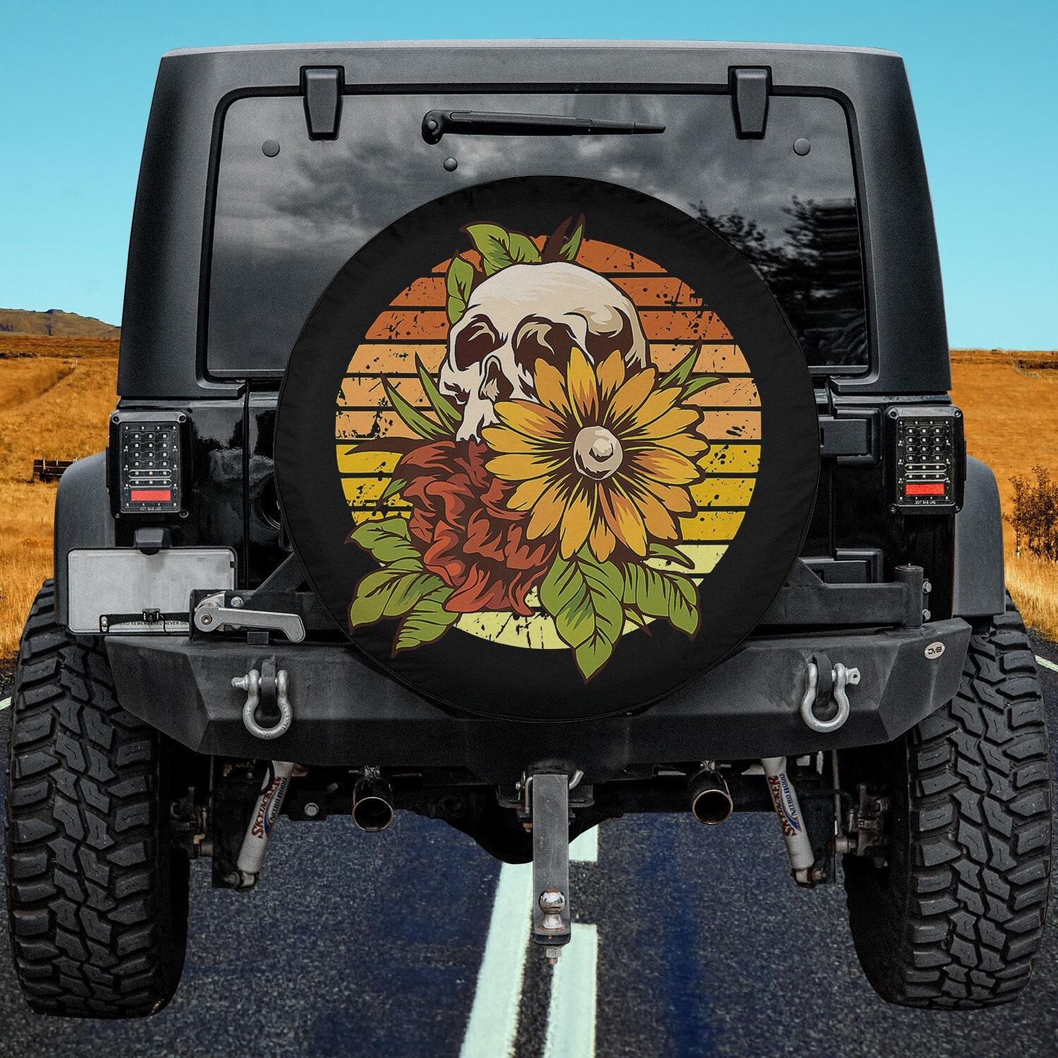 Sunflower Skull, Hippie Gothic, Halloween For Men Women Spare Tire Cover