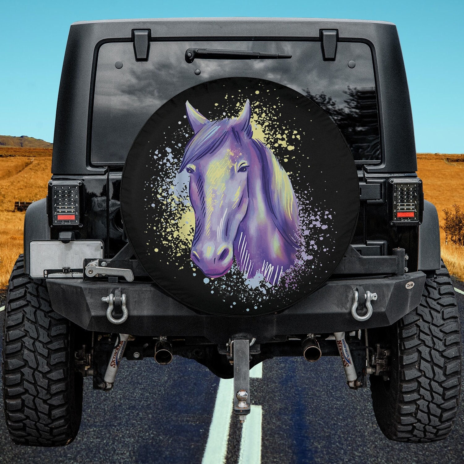 Purple and Yellow Colorful Watercolor Painting Horse Spare Tire Cover