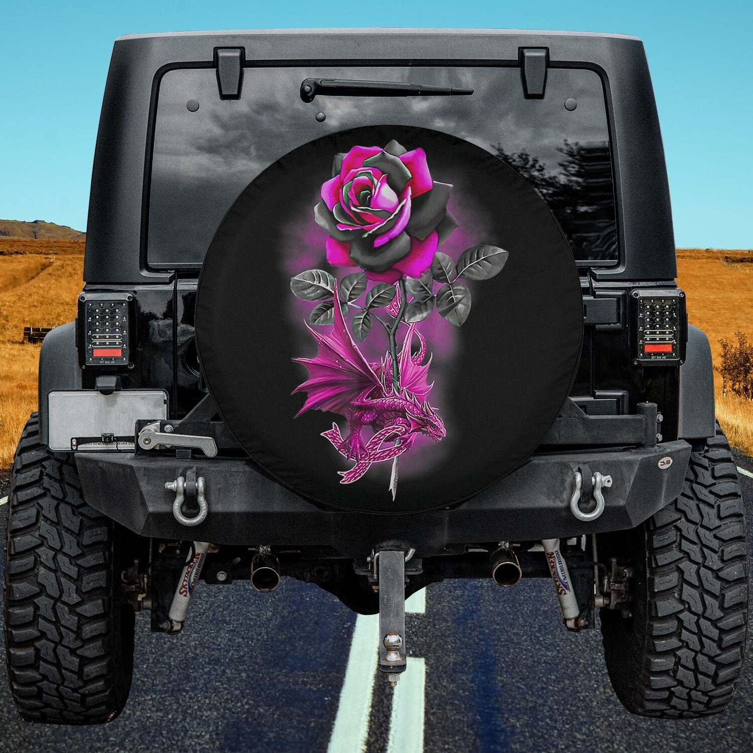 Breast Cancer Dragon Ribbon Pink Warrior Rose Flower Dragon Spare Tire Cover