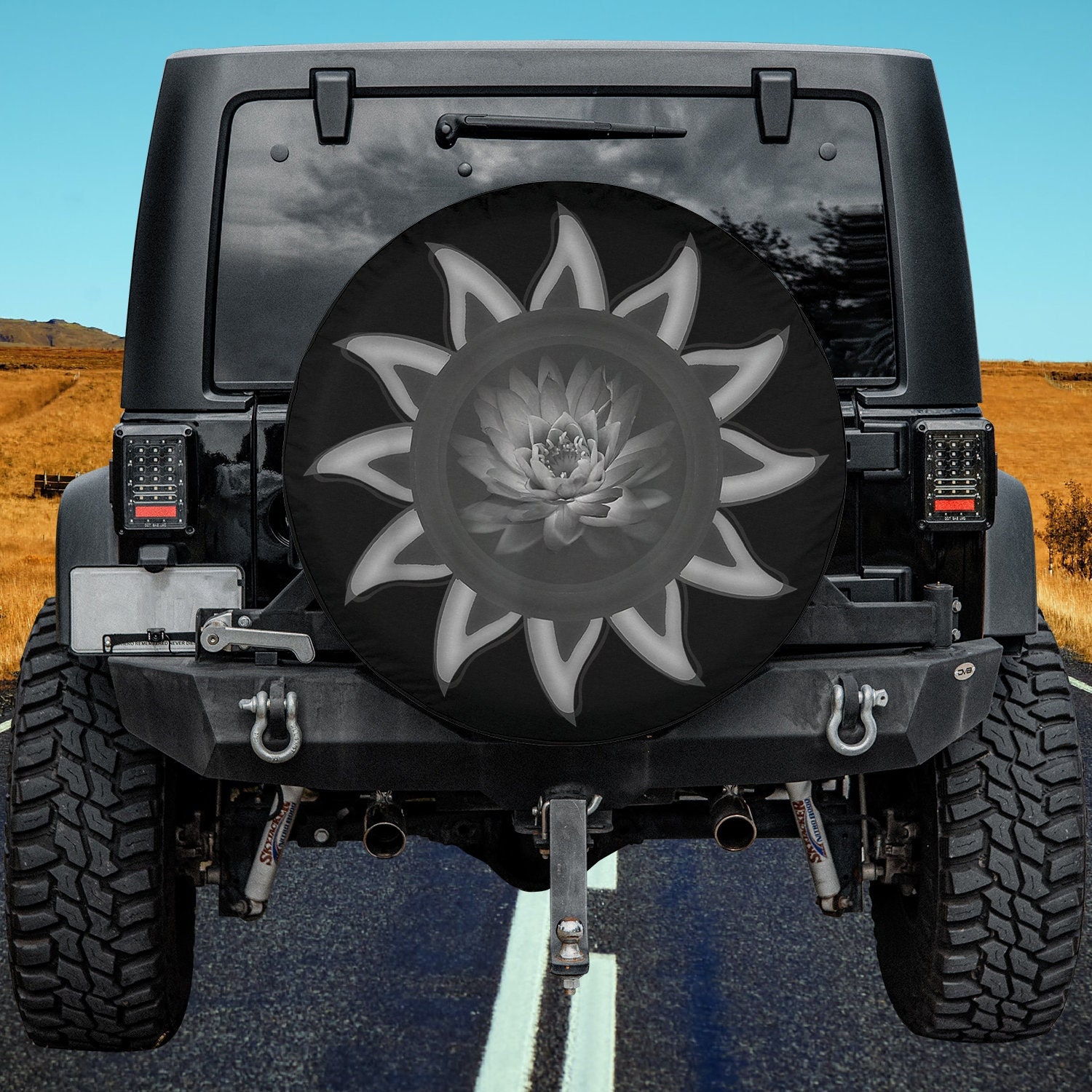 Black Sun with Lotus Yoga Spare Tire Cover