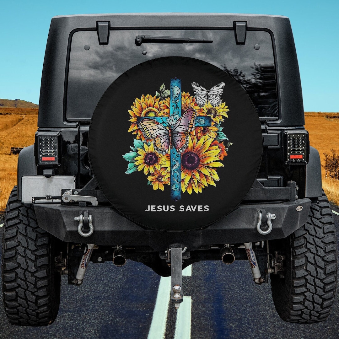 Jesus Saves Cross Sunflowers Butterflies Christian Spare Tire Cover