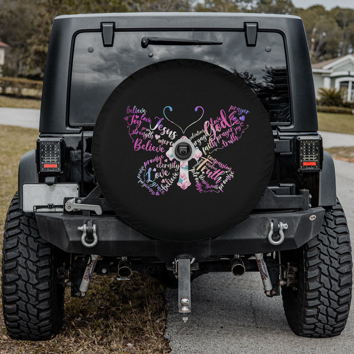 Discover Womens Butterfly Prayer Jesus Christian Cross Floral Pattern Spare Tire Cover