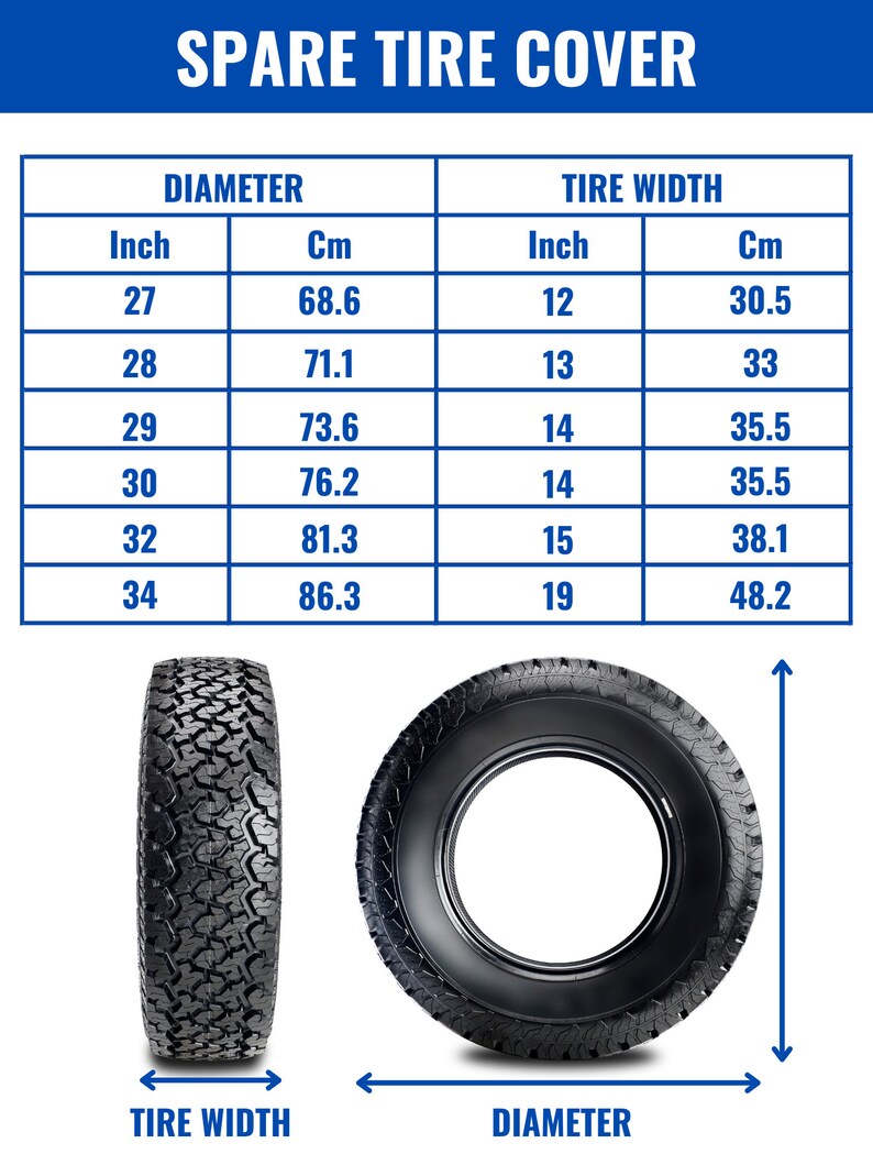 May include: A chart showing spare tire cover sizes in inches and centimeters. The chart shows the diameter and width of the tire. The image also shows a black spare tire with the words "TIRE WIDTH" and "DIAMETER" labeled.