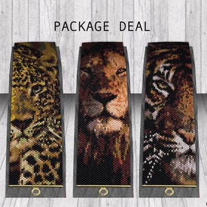 Könnte beinhalten: Ein Paket mit drei Perlenmustern, die Nahaufnahmen eines Leoparden, Löwen und Tigers zeigen. Die Muster sind mit "PACKAGE DEAL" und "BY ADINDA Patterns" betitelt.