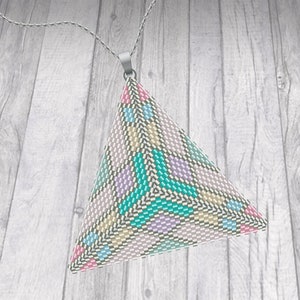 May include: A triangular beaded pendant necklace with a geometric pattern in shades of pink, blue, green, and white. The pendant is made of small beads and has a 3D effect.
