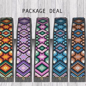 May include: A package deal of five beading patterns for bracelets. The patterns feature geometric designs in various colour combinations, including orange, green, purple, pink, blue, and brown.