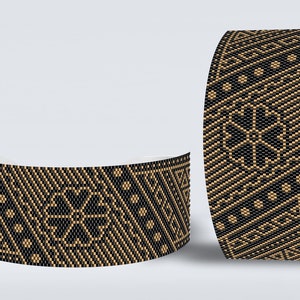 May include: Two beaded bracelets with a geometric pattern. The bracelets are black and gold, featuring a repeating floral design. The bracelets are curved, suggesting they are designed to be worn on the wrist. The background is a light grey.