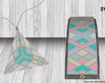 Triangle Peyote Pendant & Peyote Uneven Bracelet | Digital PDF Pattern | Multicolor | Miyuki Delica | Beads Patterns