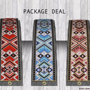 May include: A package deal of three beaded bracelet patterns featuring geometric designs in red, blue, and pink color schemes. The patterns are called "PACKAGE DEAL" and are by "BY ADINDA Patterns".